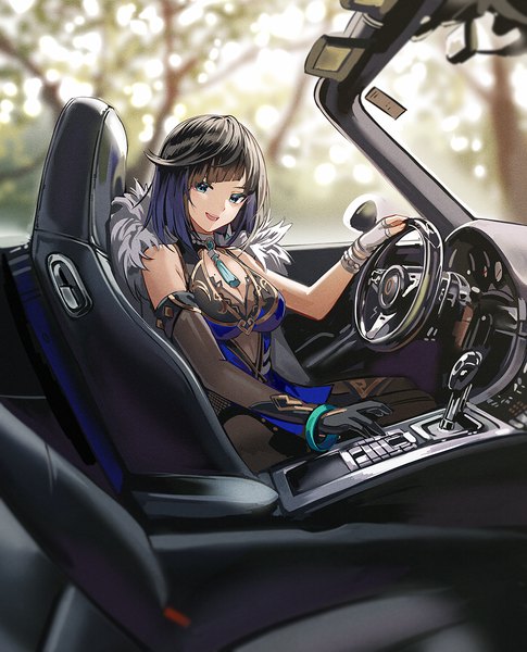Anime picture 1000x1237 with genshin impact yelan (genshin impact) silence girl single tall image looking at viewer fringe short hair open mouth blue eyes black hair sitting :d blurry mole mole on breast car interior girl gloves bracelet