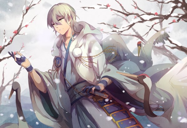 Anime picture 1771x1218 with touken ranbu nitroplus tsurumaru kuninaga elec single fringe highres short hair blonde hair smile hair between eyes yellow eyes looking away traditional clothes japanese clothes wide sleeves dutch angle outstretched arm snow boy