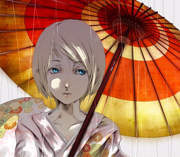 Anime picture 1600x1400 with vocaloid work from quareallel (vocaloid) kagamine rin nine (plantroom9) single looking at viewer short hair blue eyes blonde hair upper body traditional clothes japanese clothes floral print rain girl flower (flowers) kimono umbrella oriental umbrella