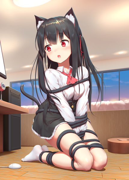 Anime picture 1295x1812 with virtual youtuber paryi project chisuzu mei tokinohimitsu single long hair tall image blush fringe breasts open mouth light erotic black hair red eyes animal ears looking away indoors tail animal tail cat ears