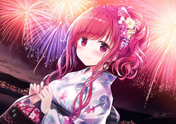 Anime picture 2000x1414 with original shirayuri riko kimishima ao single long hair blush fringe highres signed payot pink hair upper body outdoors ponytail traditional clothes japanese clothes pink eyes floral print fireworks girl