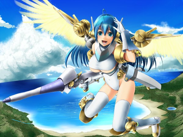 Anime picture 1200x900 with original pixiv-tan long hair blue eyes blue hair sky wings water gun