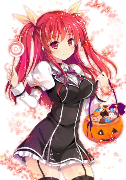 Anime picture 1000x1429 with rakudai kishi no cavalry stella vermillion ko~cha single long hair tall image looking at viewer blush breasts simple background smile red eyes red hair two side up zettai ryouiki halloween girl thighhighs dress uniform