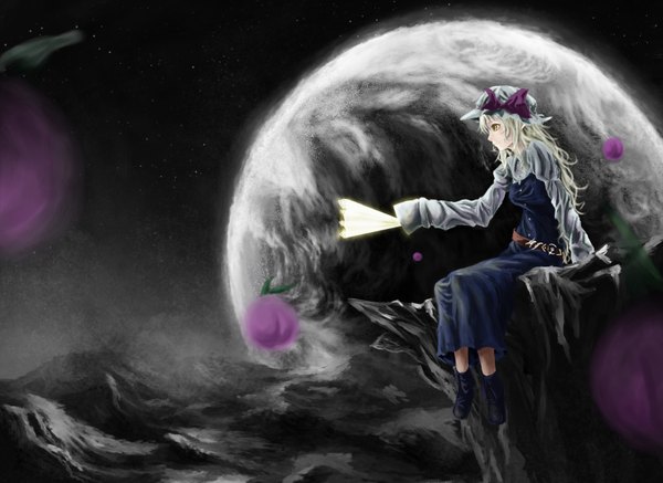 Anime picture 1600x1166 with touhou watatsuki no toyohime akaikitsune long hair blonde hair sitting profile girl dress flower (flowers) bow hat shoes belt sea moon fan planet wave (waves)