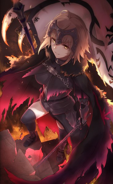 Anime picture 846x1380 with fate (series) fate/grand order fate/apocrypha jeanne d'arc (fate) (all) jeanne d'arc alter (fate) kachi single tall image looking at viewer short hair blonde hair smile standing holding yellow eyes full body ahoge bent knee (knees) parted lips from above