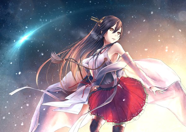 Anime picture 1697x1200 with kantai collection haruna battleship oki (koi0koi) single long hair brown hair bare shoulders brown eyes looking away nontraditional miko girl hair ornament detached sleeves
