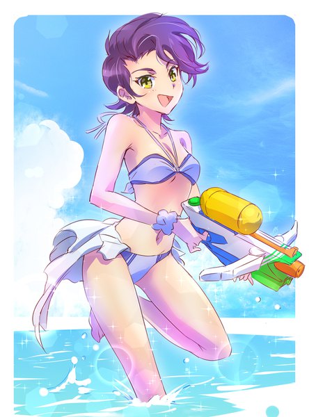Anime picture 1480x2000 with rwby rooster teeth nebula violette iesupa tall image looking at viewer short hair breasts open mouth light erotic yellow eyes sky cleavage purple hair :d sparkle wet partially submerged lens flare border