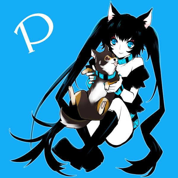 Anime picture 1200x1200 with original pixiv chobi (pixiv) mami (apsaras) long hair blue eyes black hair simple background smile sitting twintails animal ears nail polish blue background blue nail polish girl animal shorts tongue thigh boots