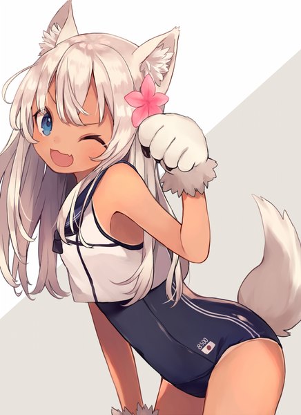 Anime picture 700x963 with kantai collection ro-500 submarine shugao single long hair tall image looking at viewer blush fringe open mouth blue eyes light erotic simple background smile white background bare shoulders animal ears payot white hair tail