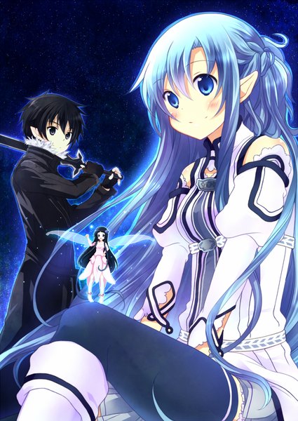 Anime picture 930x1314 with sword art online a-1 pictures yuuki asuna kirigaya kazuto yui (sao) asuna (sao-alo) hanahubuki1991 long hair tall image blush short hair blue eyes black hair smile blue hair pointy ears black eyes fairy girl thighhighs