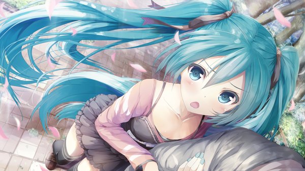 Anime picture 1920x1080 with vocaloid hatsune miku daidou (demitasse) looking at viewer blush highres open mouth blue eyes wide image twintails very long hair nail polish light smile aqua hair dutch angle wallpaper hug aqua nail polish girl thighhighs