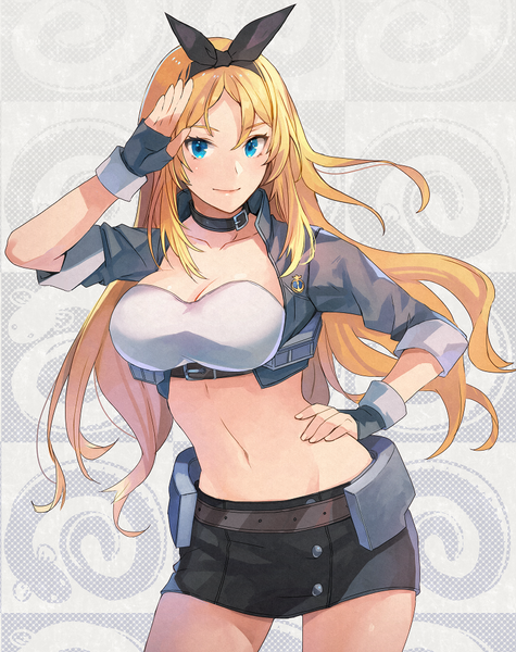 Anime picture 792x1000 with kantai collection nelson (kantai collection) kasumi (skchkko) single long hair tall image looking at viewer blush breasts blue eyes simple background blonde hair smile large breasts standing cleavage arm up open jacket bare belly hand on hip
