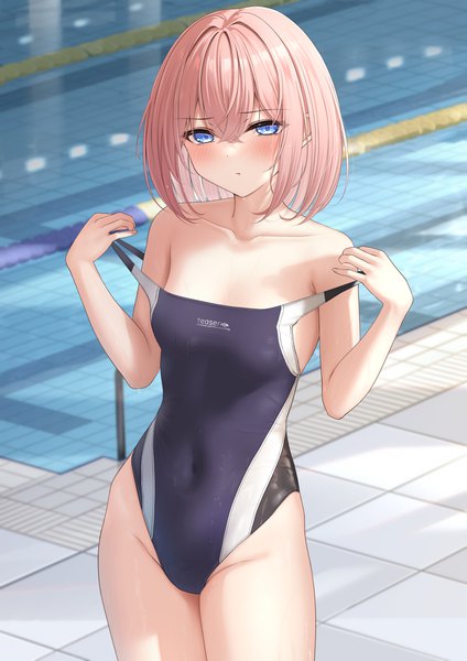 Anime picture 2894x4093 with original monaka curl single tall image looking at viewer blush fringe highres short hair breasts blue eyes light erotic hair between eyes standing pink hair arms up wet covered navel poolside pout