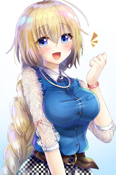 Anime picture 600x900 with fate (series) fate/apocrypha jeanne d'arc (fate) (all) jeanne d'arc (fate) gakuon (gakuto) single long hair tall image looking at viewer blush fringe breasts open mouth blue eyes simple background blonde hair smile hair between eyes white background upper body