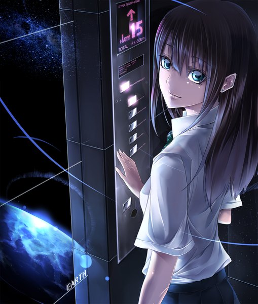 Anime picture 1736x2046 with idolmaster idolmaster cinderella girls shibuya rin futami kito single long hair tall image looking at viewer highres blue eyes black hair turning head space orbital elevator girl shirt white shirt star (stars) planet earth