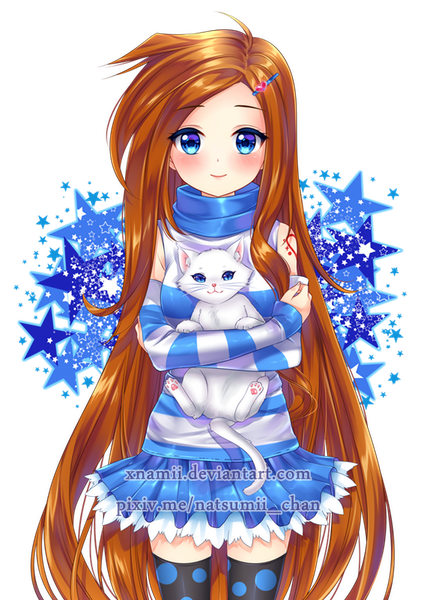 Anime picture 570x800 with original nami (nyaa) single tall image looking at viewer blush blue eyes smile brown hair standing holding signed ahoge very long hair zettai ryouiki sleeveless hug watermark crossed arms striped