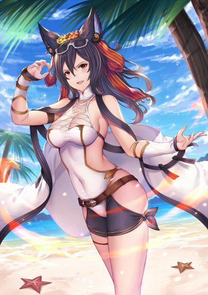 Anime picture 848x1200 with granblue fantasy ilsa (granblue fantasy) pak ce single long hair tall image looking at viewer blush fringe breasts open mouth light erotic black hair hair between eyes red eyes large breasts standing animal ears sky cleavage