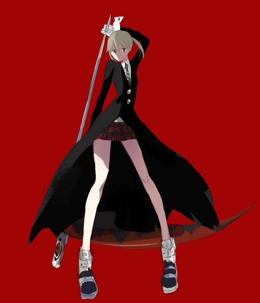 Anime picture 2808x3280 with soul eater studio bones maka albarn kayanogura single tall image highres short hair simple background standing twintails green eyes looking away full body short twintails shaded face red background girl skirt weapon