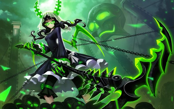 Anime picture 1200x750 with black rock shooter dead master liang xing single long hair looking at viewer fringe breasts black hair twintails holding green eyes cloud (clouds) long sleeves horn (horns) wide sleeves from below midriff glowing drill hair