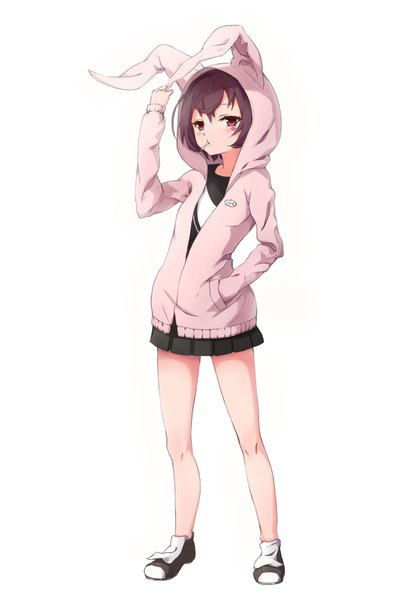 Anime picture 2376x3521 with original hei huo chong single tall image looking at viewer fringe highres short hair simple background brown hair standing white background brown eyes full body pleated skirt arm up bare legs hand in pocket food in mouth animal hood