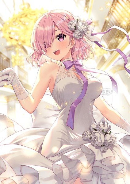 Anime picture 800x1131 with fate (series) fate/grand order mash kyrielight rosuuri tall image blush fringe short hair breasts open mouth smile standing purple eyes bare shoulders signed looking away pink hair indoors :d hair flower