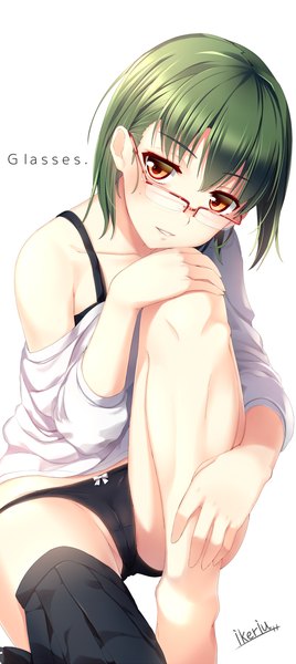 Anime picture 700x1564 with original ryuji (ikeriu) single tall image looking at viewer short hair light erotic simple background red eyes white background green hair girl underwear panties glasses