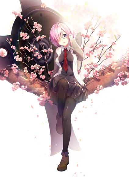 Anime picture 1000x1419 with fate (series) fate/grand order mash kyrielight rosuuri single tall image looking at viewer fringe short hair open mouth white background sitting purple eyes signed pink hair full body head tilt hair over one eye cherry blossoms adjusting glasses