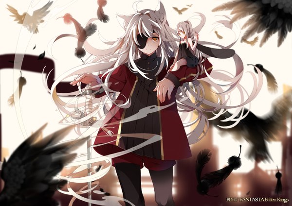 Anime picture 1400x990 with original pixiv fantasia pixiv fantasia fallen kings mia0309 long hair looking at viewer red eyes multiple girls animal ears ahoge white hair very long hair minigirl fairy girl dress weapon 2 girls animal pantyhose