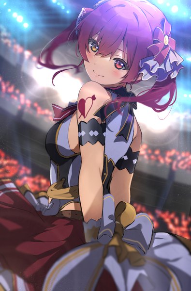 Anime picture 1083x1647 with virtual youtuber hololive houshou marine icehotmilktea single long hair tall image looking at viewer blush fringe smile hair between eyes twintails red hair tattoo heterochromia turning head official alternate costume hands behind back hololive idol uniform