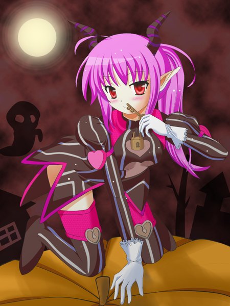 Anime picture 1200x1600 with dragon nest elementalh2o single long hair tall image looking at viewer blush red eyes purple eyes horn (horns) pointy ears ghost girl dress key lock