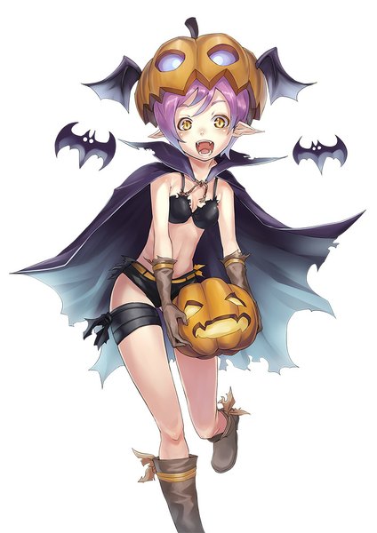 Anime picture 707x1000 with original raijuu (bakanara) single tall image looking at viewer blush fringe short hair breasts open mouth simple background smile white background yellow eyes purple hair pointy ears teeth fang (fangs) halloween girl