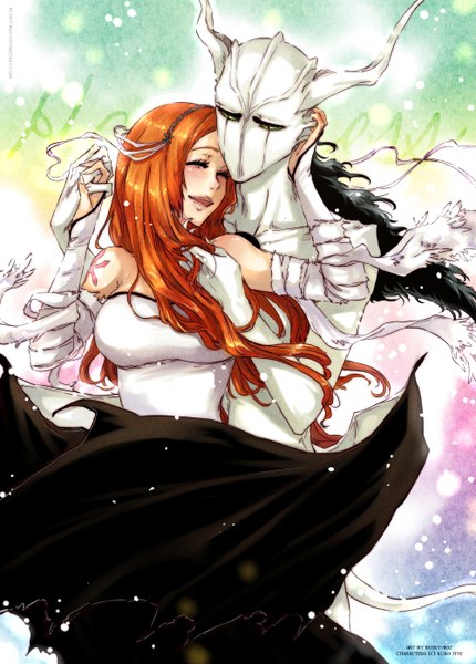 Anime picture 1000x1396 with bleach studio pierrot inoue orihime ulquiorra schiffer rusky long hair tall image blush open mouth black hair bare shoulders green eyes signed horn (horns) wind orange hair couple holding hands happy espada