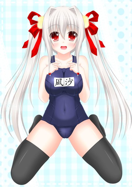 Anime picture 2507x3541 with original yunagi amane single long hair tall image blush highres open mouth light erotic red eyes twintails white hair girl thighhighs ribbon (ribbons) black thighhighs swimsuit hair ribbon one-piece swimsuit school swimsuit