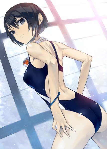 Anime picture 848x1183 with original dekappara futoriusu single tall image looking at viewer short hair light erotic black hair ass looking back black eyes hands on hips girl swimsuit one-piece swimsuit goggles