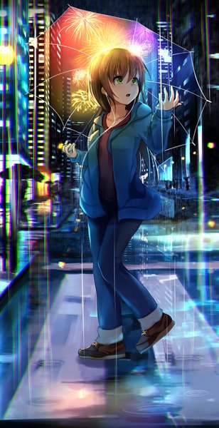 Anime picture 2314x4500 with original ryuuguu yassuu single long hair tall image fringe highres open mouth hair between eyes brown hair holding green eyes looking away full body outdoors night open jacket wet city evening