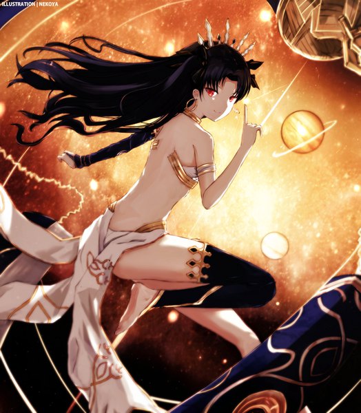 Anime picture 837x958 with fate (series) fate/grand order ishtar (fate) nekoya (liu) single long hair tall image looking at viewer fringe breasts light erotic black hair smile red eyes signed bent knee (knees) looking back barefoot arm up from behind