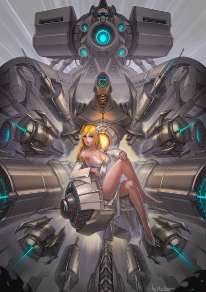Anime picture 3500x4967 with hellcherr single long hair tall image highres breasts blue eyes light erotic blonde hair looking away absurdres lips legs mechanical girl dress white dress robot