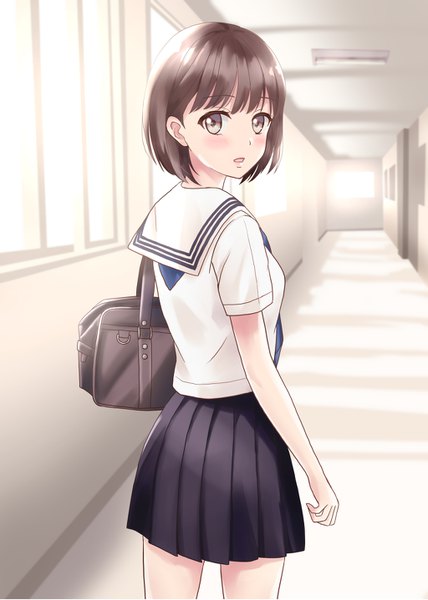 Anime picture 1024x1437 with original yukimaru217 single tall image looking at viewer blush fringe short hair breasts open mouth brown hair standing brown eyes indoors pleated skirt looking back from behind blurry back girl