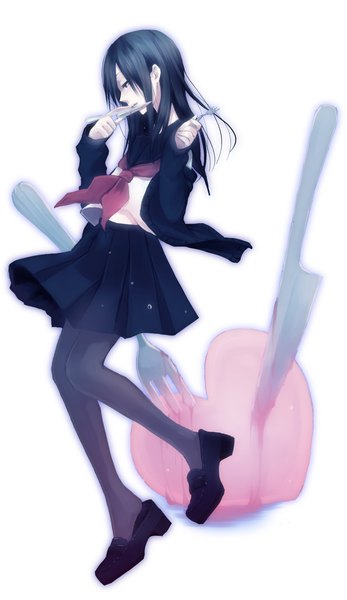 Anime picture 1000x1725 with original hijiri-ssh single long hair tall image black hair black eyes girl skirt uniform school uniform miniskirt shoes knife fork