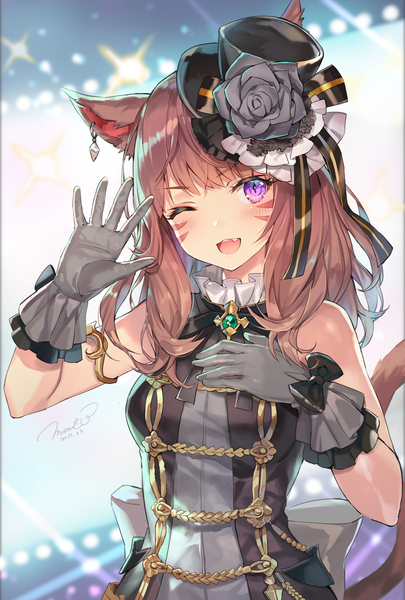 Anime picture 1000x1480 with final fantasy final fantasy xiv square enix miqo'te momoko (momopoco) single long hair tall image looking at viewer blush fringe brown hair purple eyes bare shoulders signed animal ears upper body tail head tilt animal tail