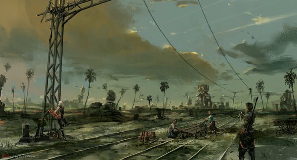 Anime picture 1100x596 with original paberu (pixiv) wide image multiple girls sky cloud (clouds) multiple boys landscape girl boy 2 girls plant (plants) tree (trees) 2 boys palm tree wire (wires) railways