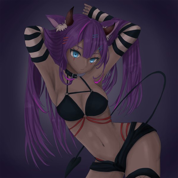 Anime picture 5906x5906 with original rainbow d fox single long hair fringe highres breasts blue eyes light erotic simple background standing absurdres purple hair tail horn (horns) arms up facial mark adjusting hair dark background arm behind head