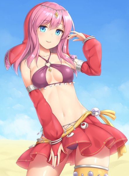 Anime picture 750x1020 with original sasaame single long hair tall image looking at viewer blush fringe breasts blue eyes light erotic smile hair between eyes standing pink hair sky cleavage outdoors nail polish traditional clothes