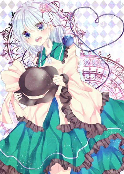 Anime-Bild 1332x1864 mit touhou komeiji koishi gingetsu ringo single tall image blush short hair open mouth blue eyes white hair hair flower girl dress hair ornament hat eyeball