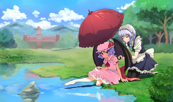 Anime picture 2500x1480 with touhou remilia scarlet izayoi sakuya cirno hong meiling shiya highres short hair smile red eyes wide image sitting multiple girls sky silver hair purple hair cloud (clouds) outdoors braid (braids) eyes closed