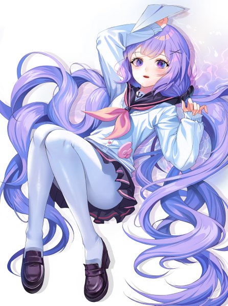 Anime picture 4000x5379 with azur lane unicorn (azur lane) unicorn (amusement park date) (azur lane) harusame (user wawj5773) single tall image highres purple eyes twintails absurdres purple hair full body lying very long hair on back low twintails sleeves past wrists hand on head convenient leg girl