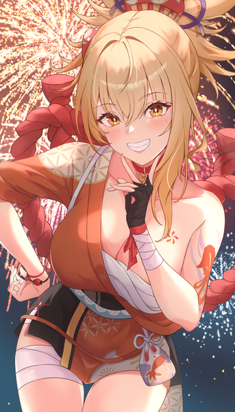 Anime picture 2536x4432 with genshin impact yoimiya (genshin impact) vic 1223 single tall image looking at viewer blush fringe highres short hair breasts light erotic blonde hair smile hair between eyes large breasts bare shoulders yellow eyes cleavage traditional clothes