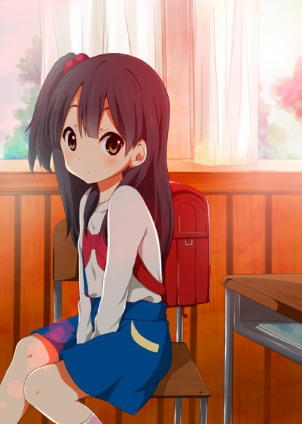 Anime picture 800x1122 with tamako market kyoto animation kitashirakawa anko ragho no erika single long hair tall image looking at viewer blush fringe black hair sitting brown eyes loli one side up classroom girl skirt window chair