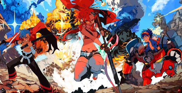 Anime picture 1980x1020 with tengen toppa gurren lagann gainax yoko littner nia teppelin simon kamina john crayton long hair looking at viewer highres short hair wide image multiple girls blue hair sky cloud (clouds) ponytail red hair aqua hair multiple boys