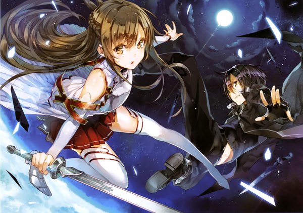 Anime picture 3802x2673 with sword art online a-1 pictures yuuki asuna kirigaya kazuto yuugen long hair fringe highres short hair open mouth black hair brown hair wide image absurdres sky cloud (clouds) scan official art girl thighhighs